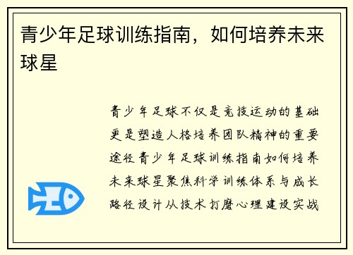 青少年足球训练指南，如何培养未来球星